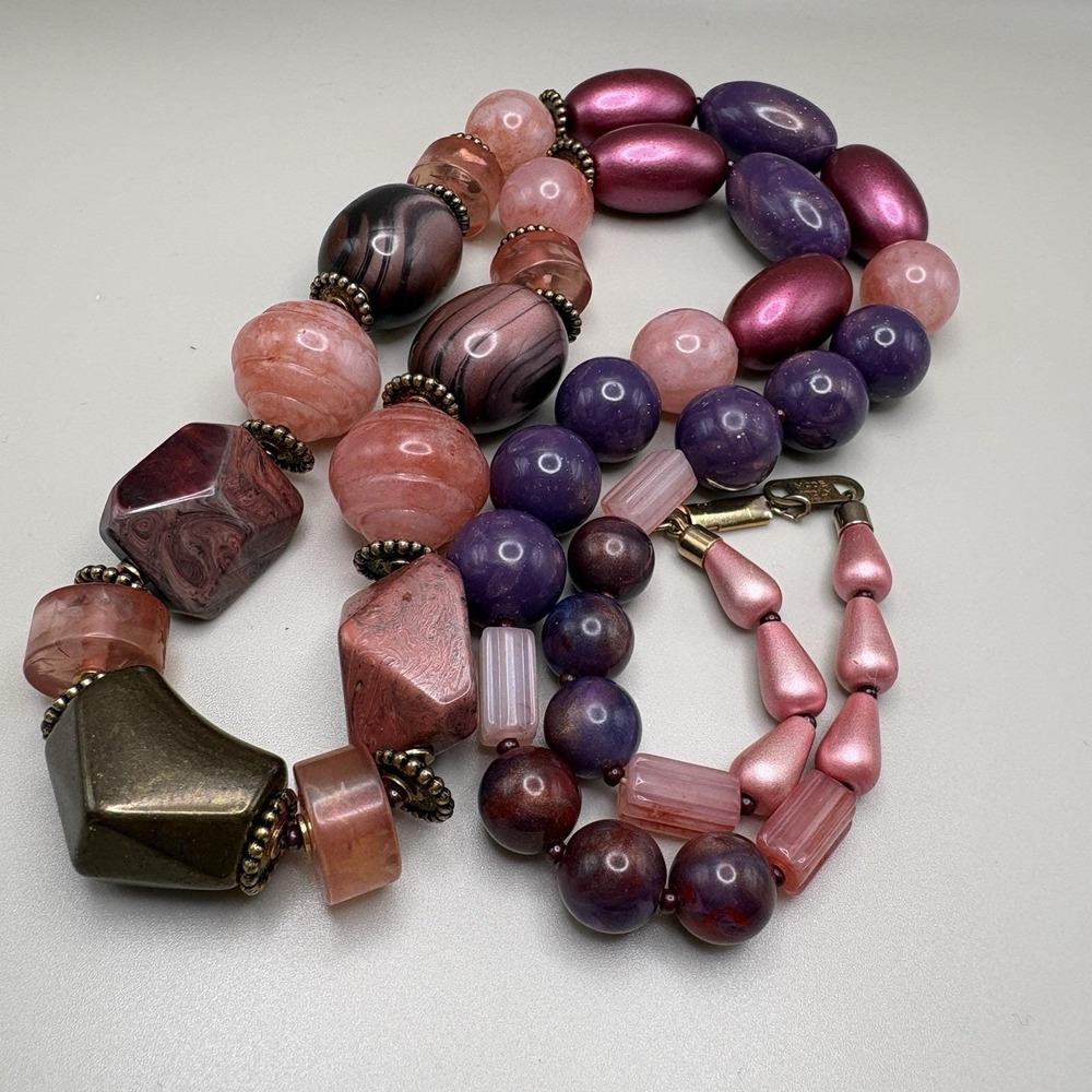 VTG Lucite Necklace Chunky Beads Pink Purple 32" Made in Italy Opera Flapper